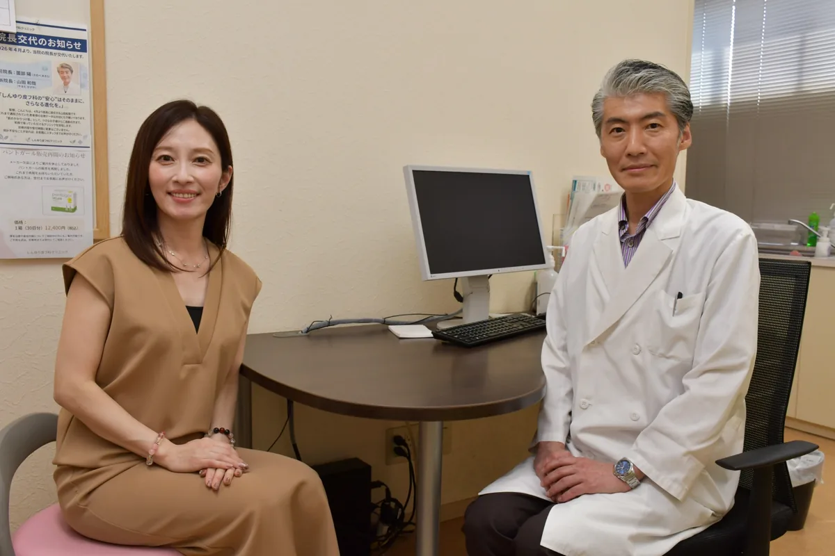 フリーアナウンサー亀井京子さんと山田院長の取材時の様子